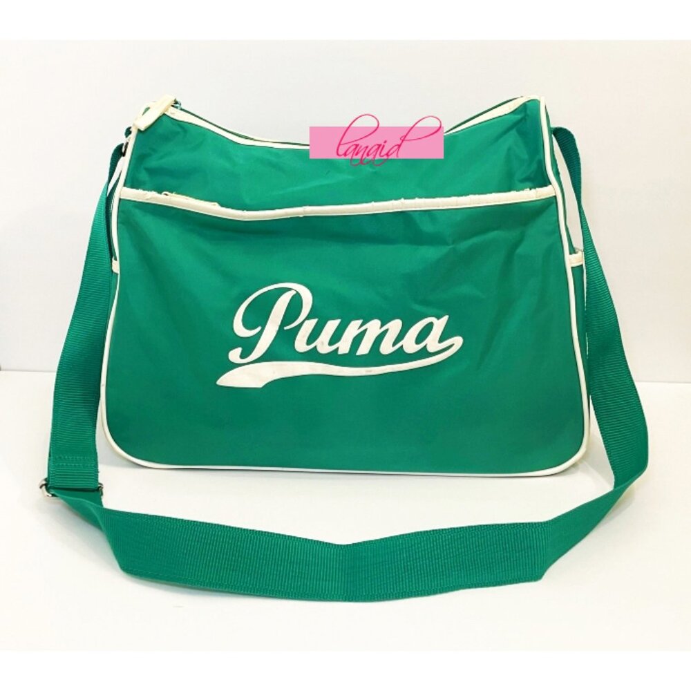 VINTAGE Puma Shoulder Bag Crossbody Green Ivory Bookbag Gym Weekend Zip Tote